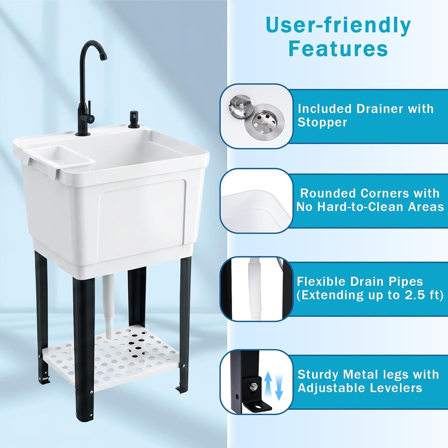 image:imageGiantex Freestanding Utility Sink with Faucet amp Drain Kit 145 Gal Laundry Tub with Soap Dispenser Drying Rack amp Storage Shelf Portable Wash Station for Laundry Room Garage Basement OutdoorWhite