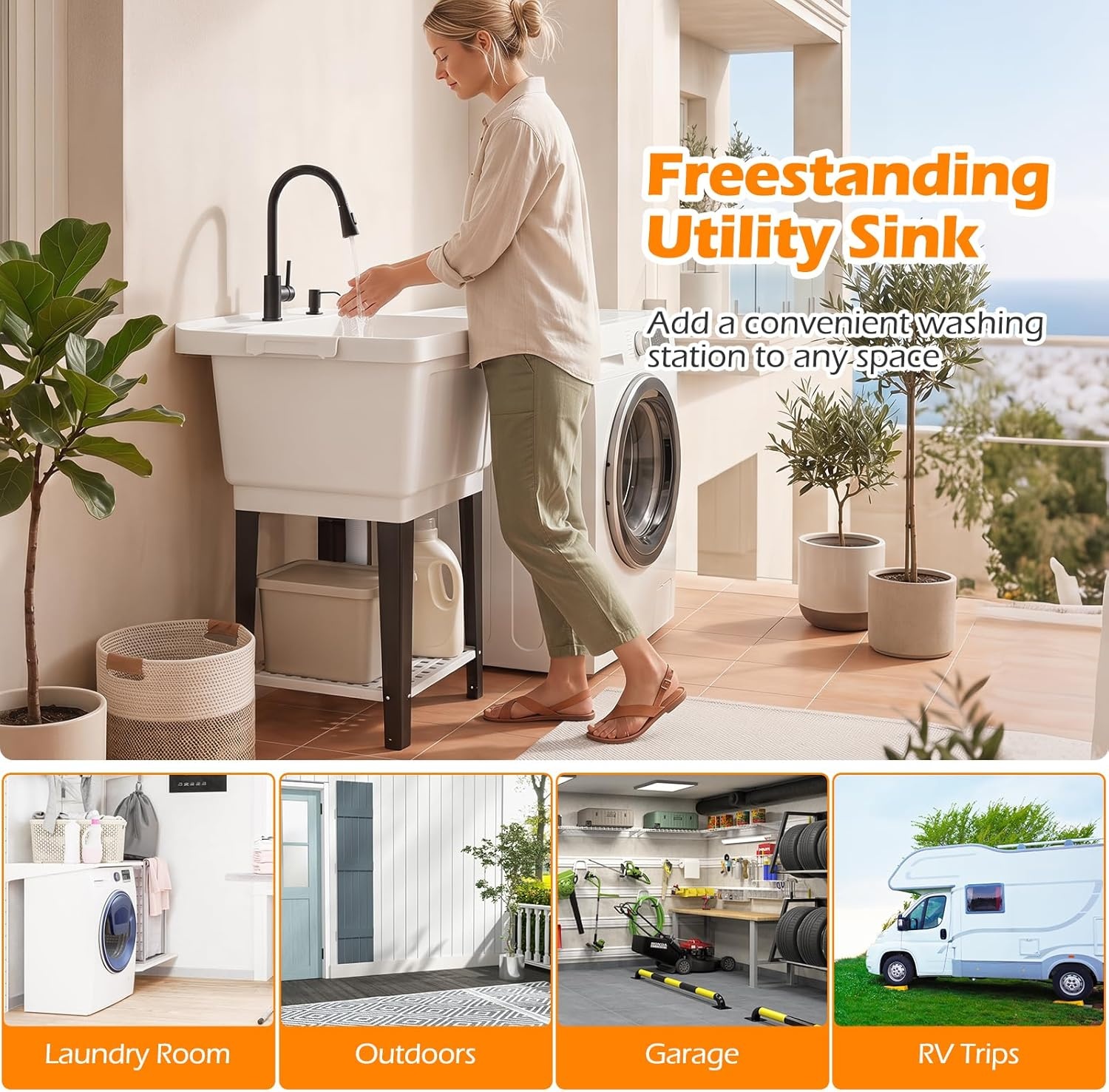 image:imageGiantex Freestanding Utility Sink with Faucet amp Drain Kit 145 Gal Laundry Tub with Soap Dispenser Drying Rack amp Storage Shelf Portable Wash Station for Laundry Room Garage Basement OutdoorWhite