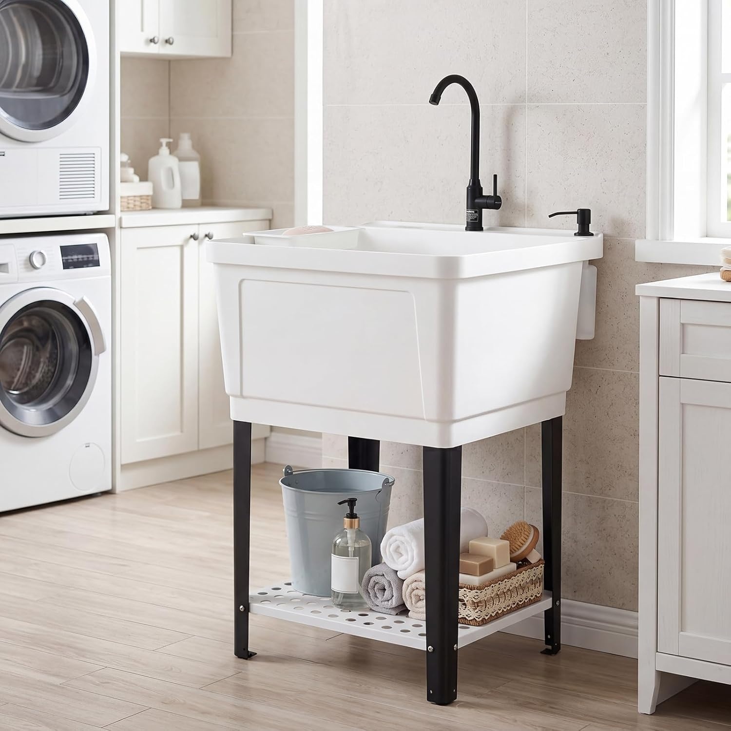 image:imageGiantex Freestanding Utility Sink with Faucet amp Drain Kit 145 Gal Laundry Tub with Soap Dispenser Drying Rack amp Storage Shelf Portable Wash Station for Laundry Room Garage Basement OutdoorWhite