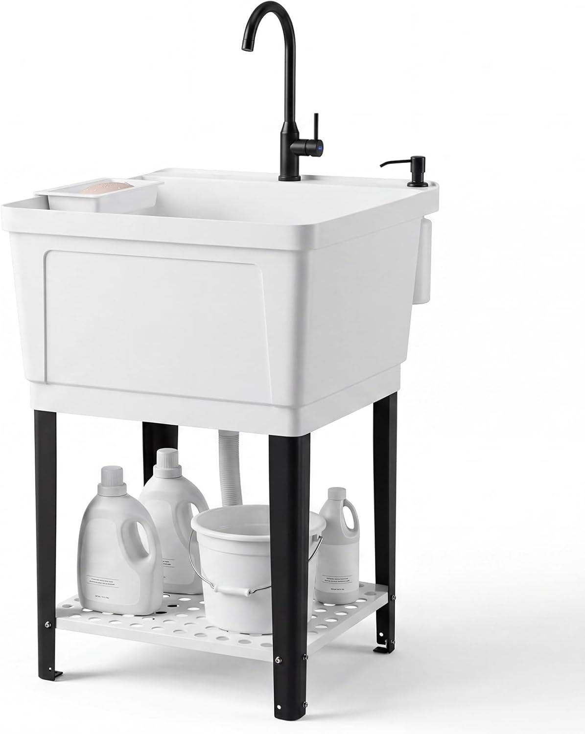 image:imageGiantex Freestanding Utility Sink with Faucet amp Drain Kit 145 Gal Laundry Tub with Soap Dispenser Drying Rack amp Storage Shelf Portable Wash Station for Laundry Room Garage Basement OutdoorWhite