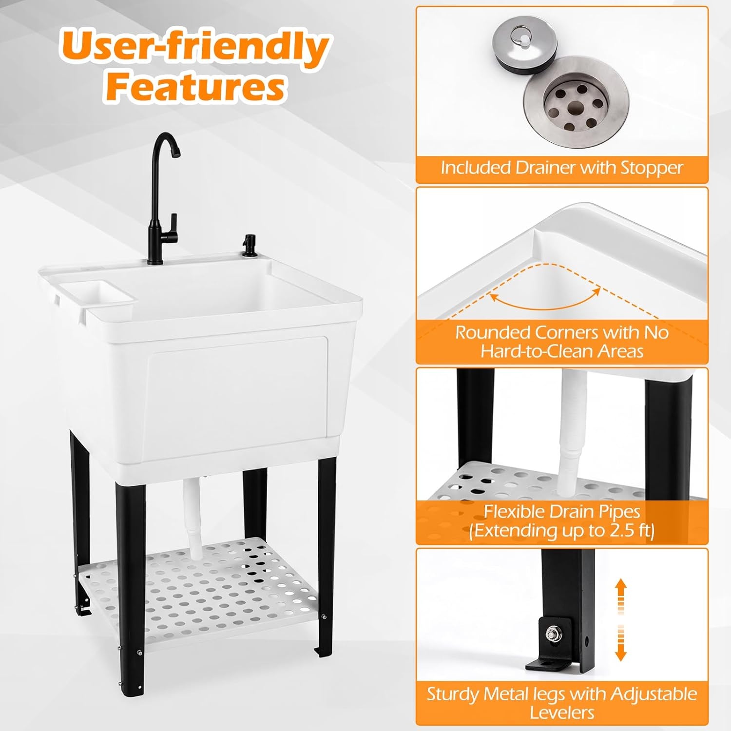 image:imageGiantex Freestanding Utility Sink with Faucet amp Drain Kit 145 Gal Laundry Tub with Soap Dispenser Drying Rack amp Storage Shelf Portable Wash Station for Laundry Room Garage Basement OutdoorWhite