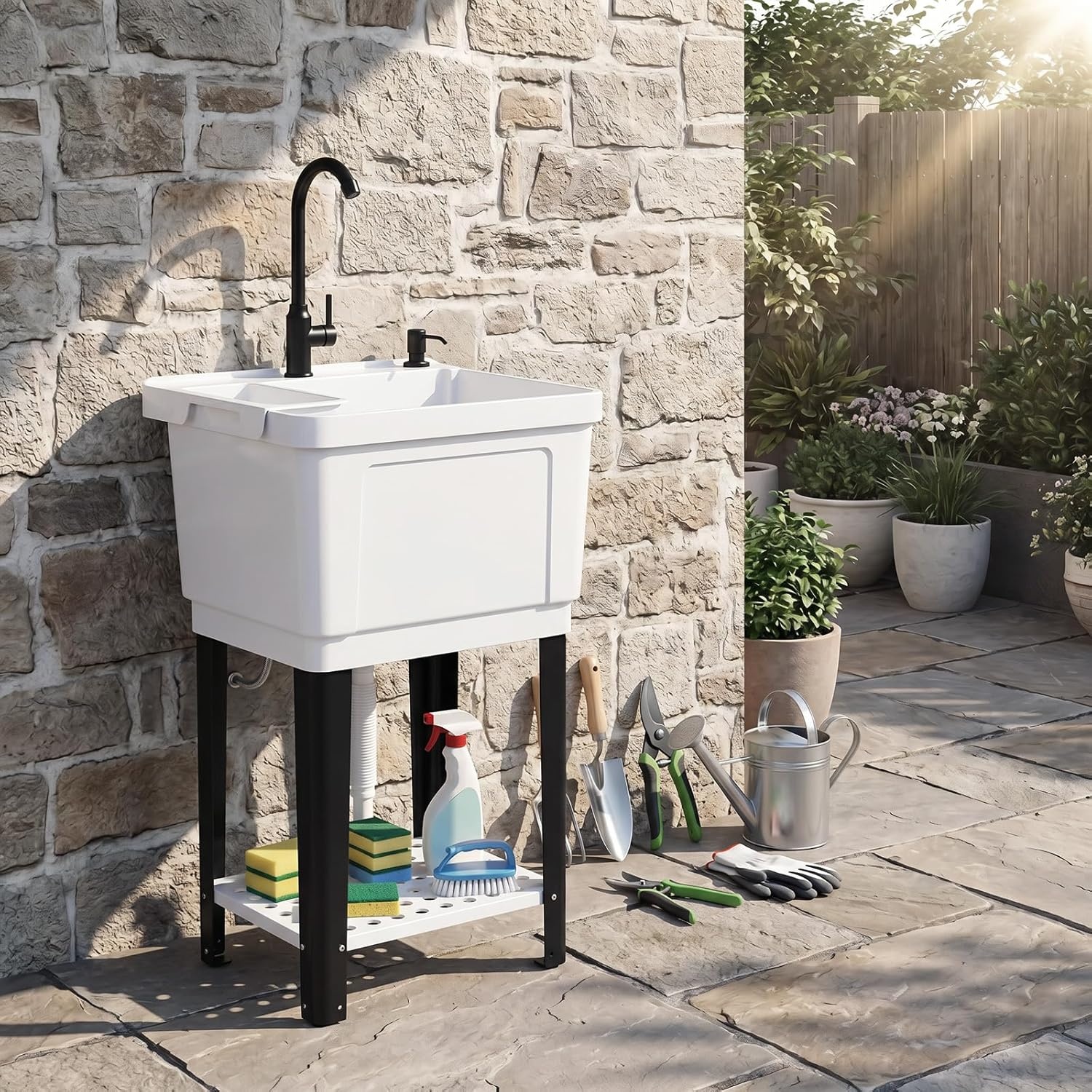 image:imageGiantex Freestanding Utility Sink with Faucet amp Drain Kit 145 Gal Laundry Tub with Soap Dispenser Drying Rack amp Storage Shelf Portable Wash Station for Laundry Room Garage Basement OutdoorWhite
