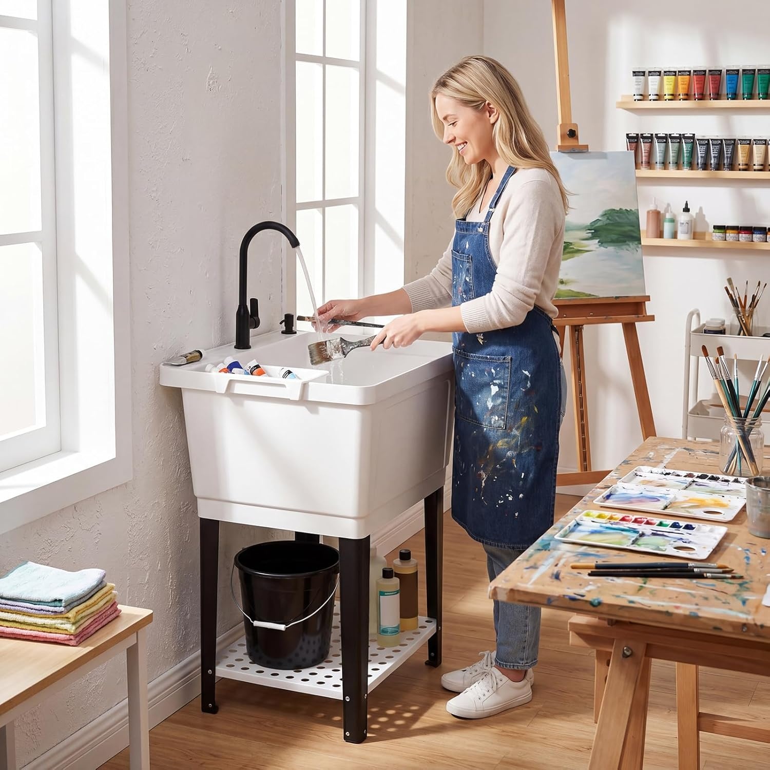 image:imageGiantex Freestanding Utility Sink with Faucet amp Drain Kit 145 Gal Laundry Tub with Soap Dispenser Drying Rack amp Storage Shelf Portable Wash Station for Laundry Room Garage Basement OutdoorWhite