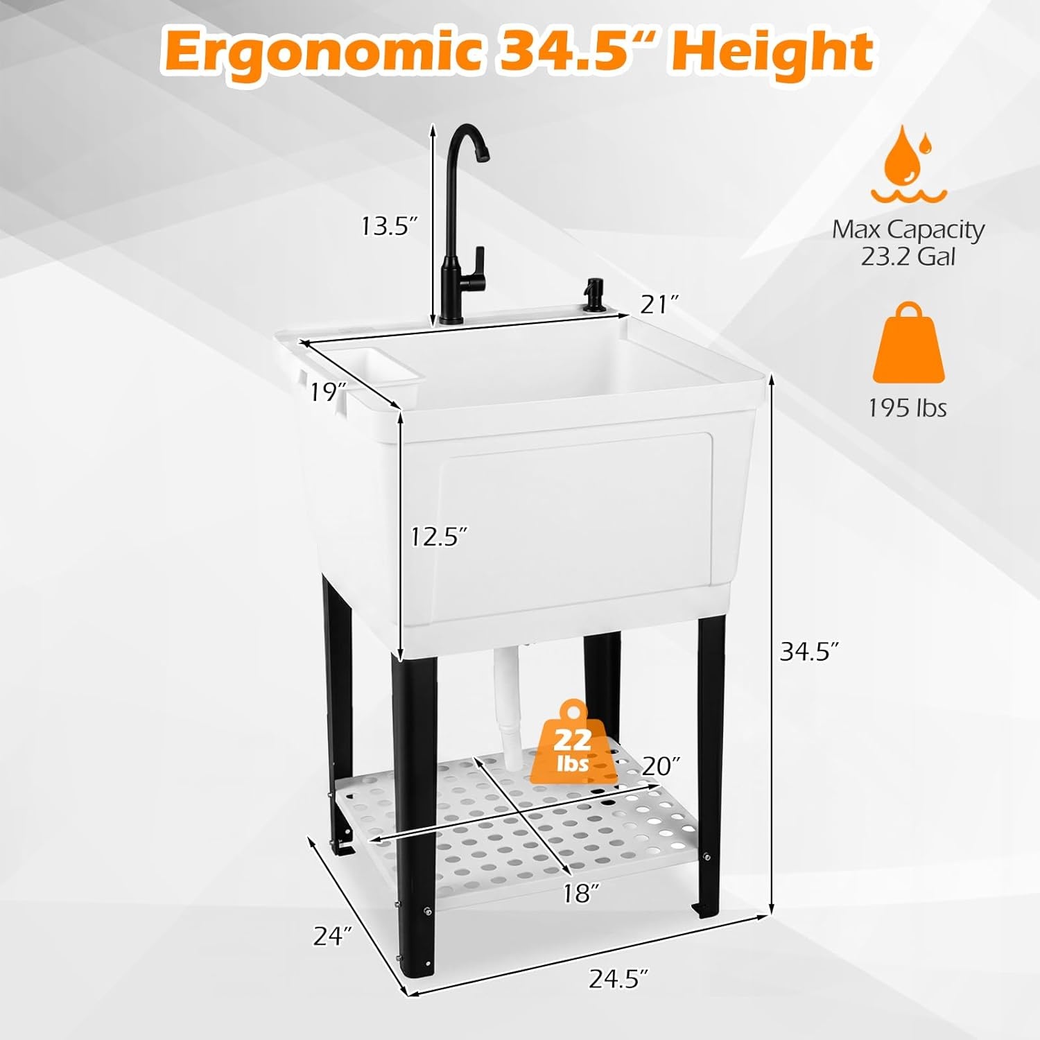 image:imageGiantex Freestanding Utility Sink with Faucet amp Drain Kit 145 Gal Laundry Tub with Soap Dispenser Drying Rack amp Storage Shelf Portable Wash Station for Laundry Room Garage Basement OutdoorWhite