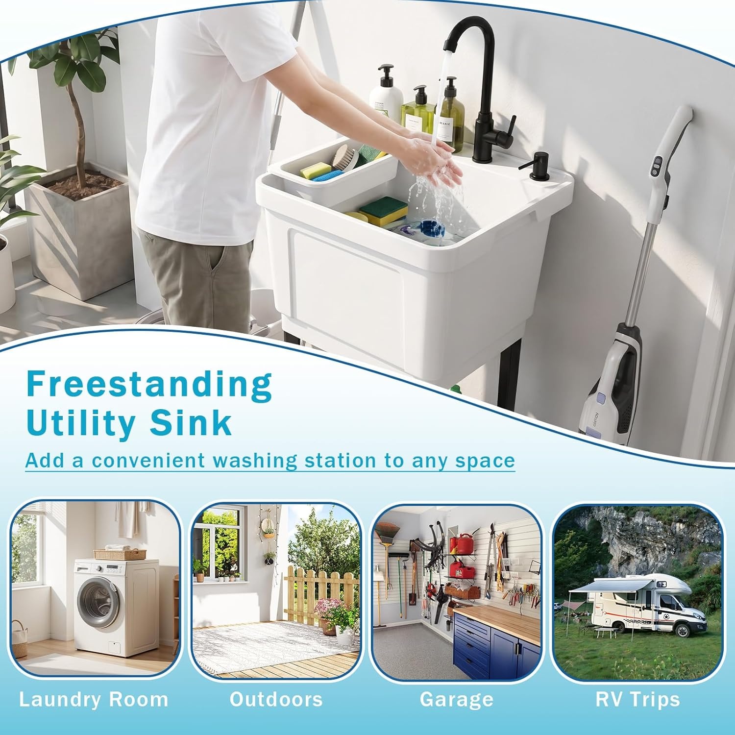 image:imageGiantex Freestanding Utility Sink with Faucet amp Drain Kit 145 Gal Laundry Tub with Soap Dispenser Drying Rack amp Storage Shelf Portable Wash Station for Laundry Room Garage Basement OutdoorWhite