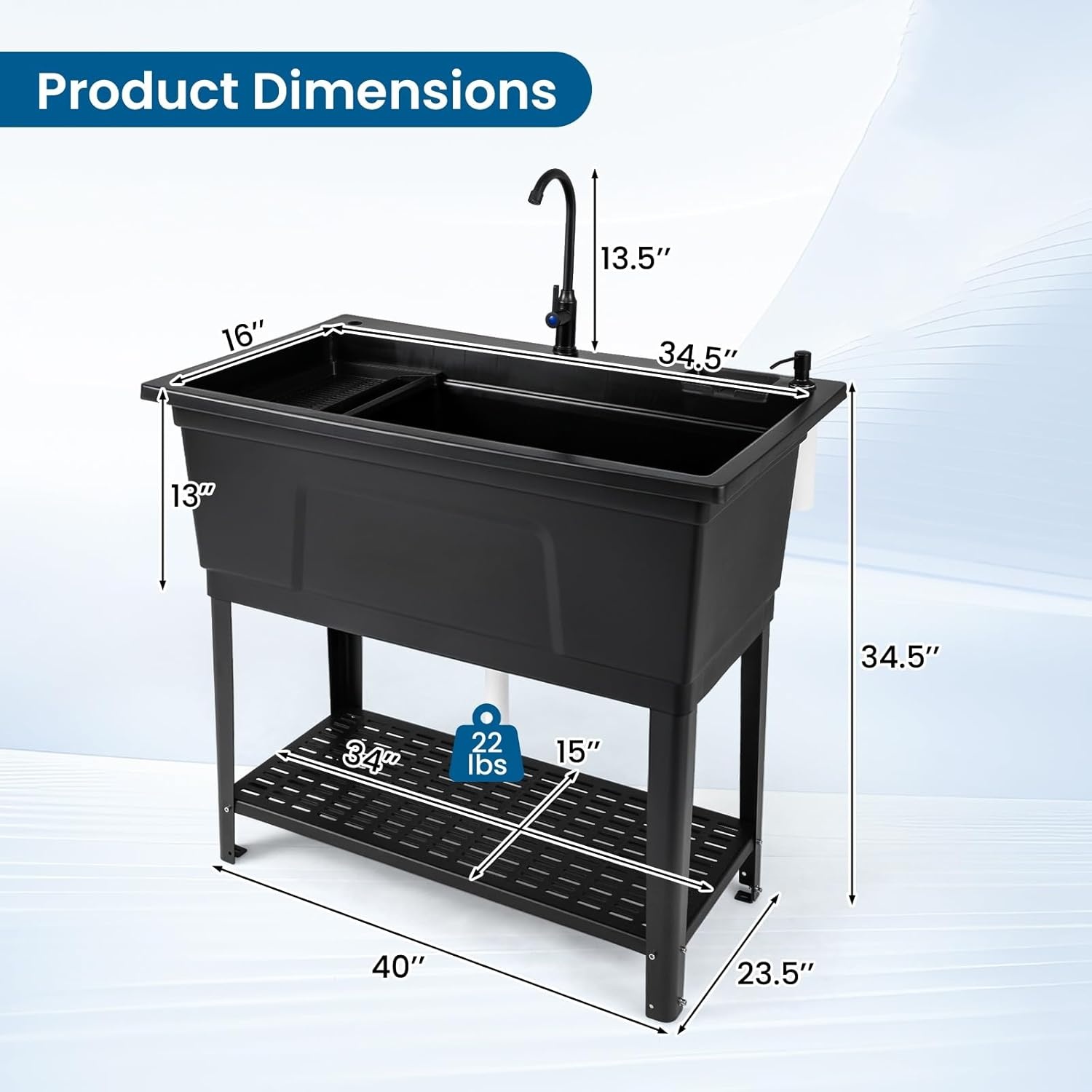 image:imageGiantex Freestanding Utility Sink with Faucet amp Drain Kit 145 Gal Laundry Tub with Soap Dispenser Drying Rack amp Storage Shelf Portable Wash Station for Laundry Room Garage Basement OutdoorBlack