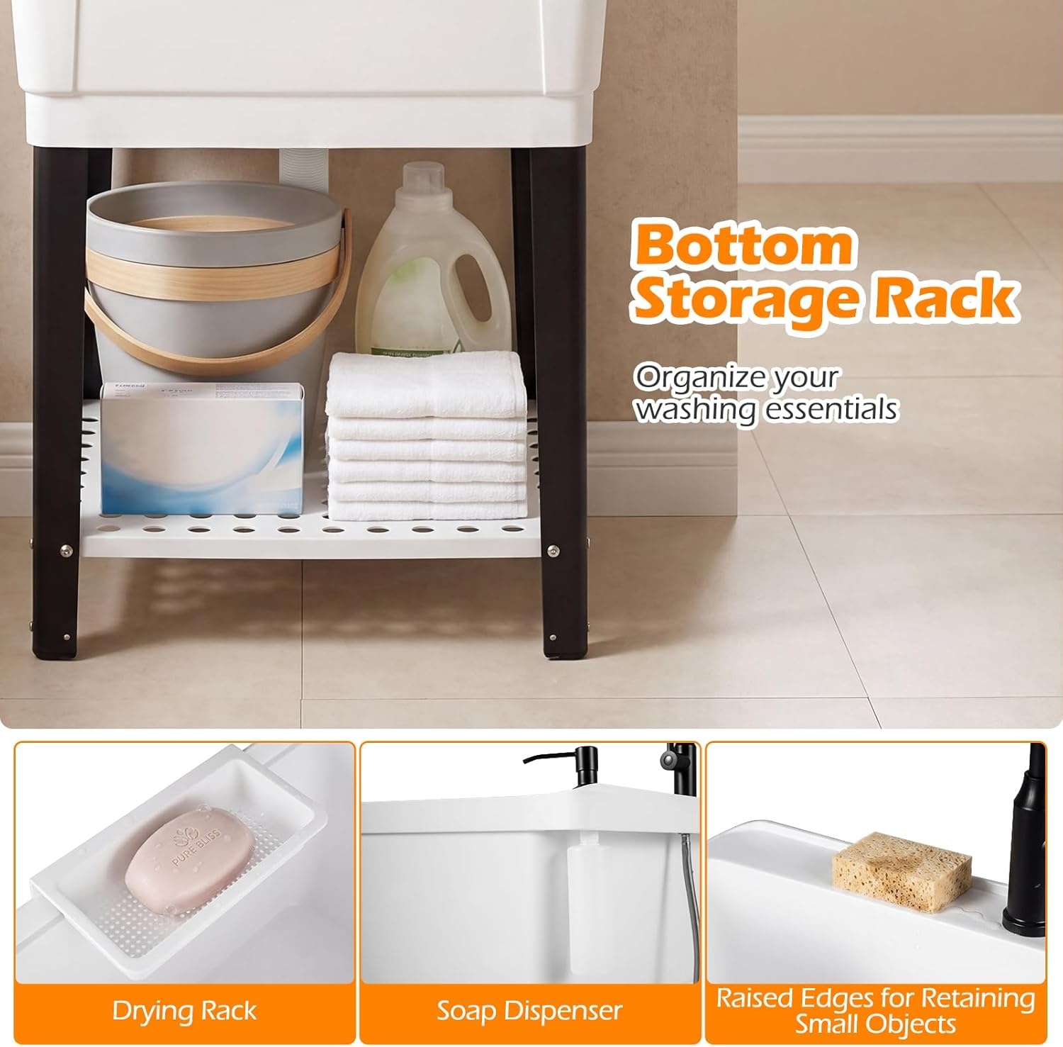 image:imageGiantex Freestanding Utility Sink with Faucet amp Drain Kit 145 Gal Laundry Tub with Soap Dispenser Drying Rack amp Storage Shelf Portable Wash Station for Laundry Room Garage Basement OutdoorWhite