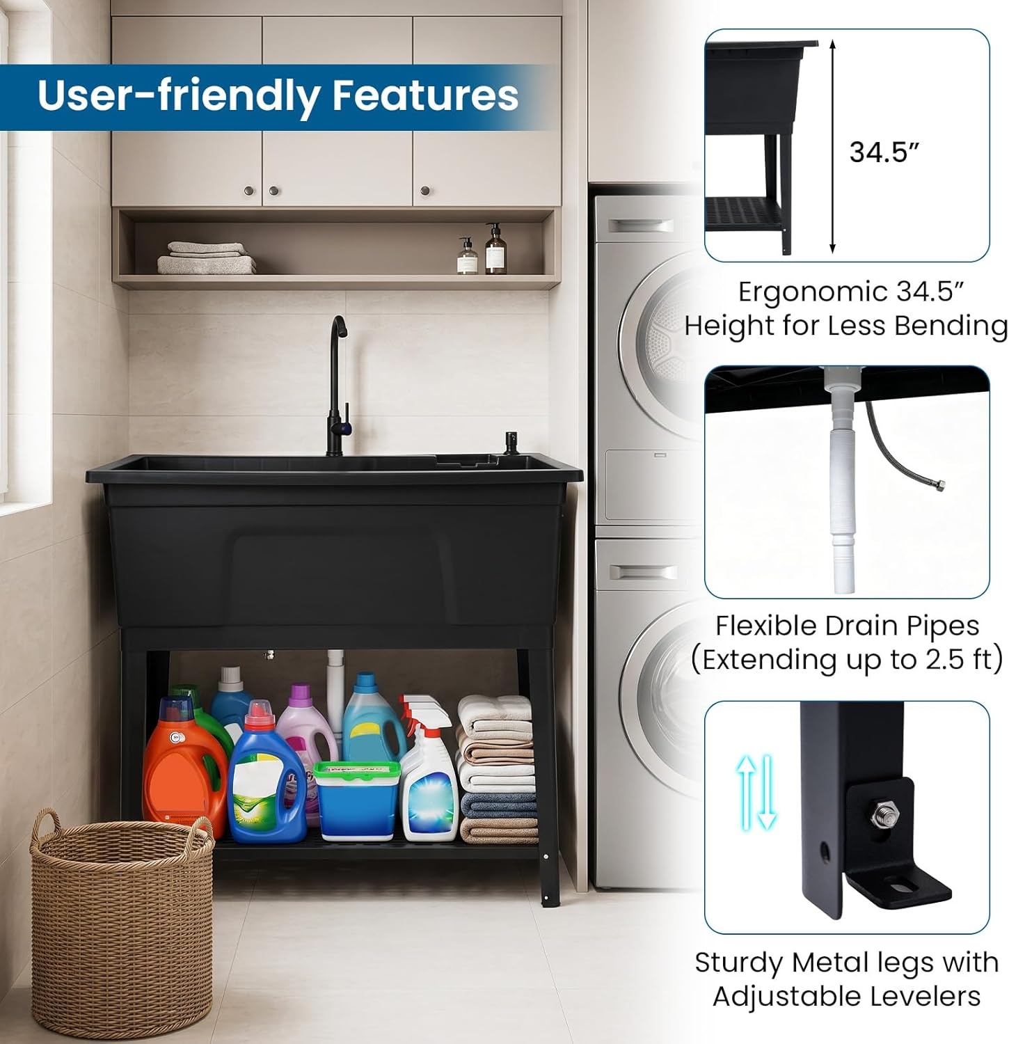 image:imageGiantex Freestanding Utility Sink with Faucet amp Drain Kit 145 Gal Laundry Tub with Soap Dispenser Drying Rack amp Storage Shelf Portable Wash Station for Laundry Room Garage Basement OutdoorBlack