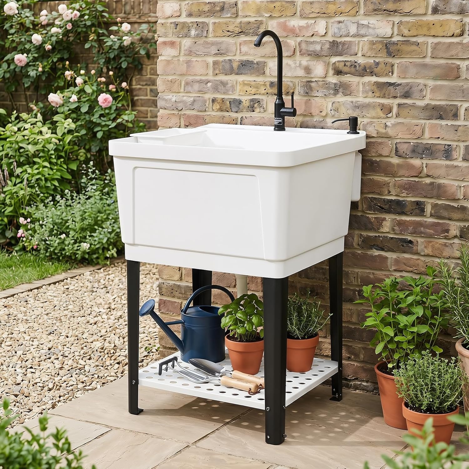 image:imageGiantex Freestanding Utility Sink with Faucet amp Drain Kit 145 Gal Laundry Tub with Soap Dispenser Drying Rack amp Storage Shelf Portable Wash Station for Laundry Room Garage Basement OutdoorWhite