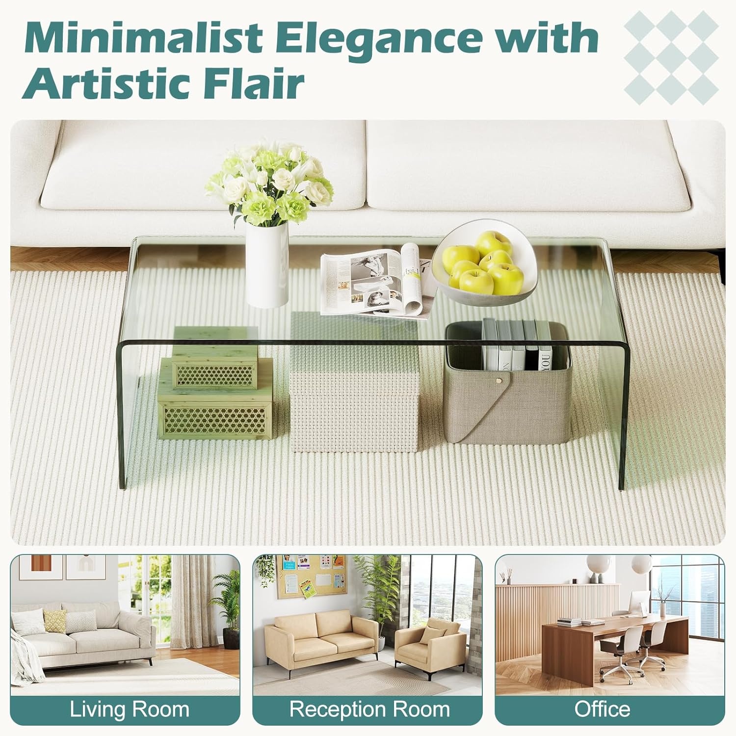 image:imageGiantex Glass Coffee Table 40 Inch Clear Center Table with Tempered Glass Top amp Round Edges Rectangle Accent Cocktail Tea Table Modern Waterfall Living Room Tables for Small Spaces