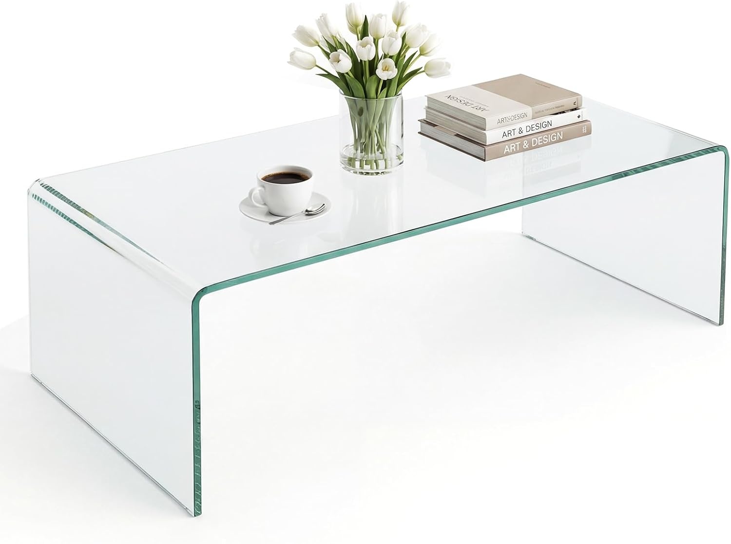image:imageGiantex Glass Coffee Table 40 Inch Clear Center Table with Tempered Glass Top amp Round Edges Rectangle Accent Cocktail Tea Table Modern Waterfall Living Room Tables for Small Spaces