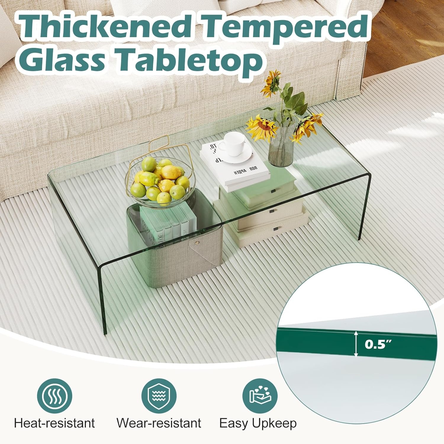 image:imageGiantex Glass Coffee Table 40 Inch Clear Center Table with Tempered Glass Top amp Round Edges Rectangle Accent Cocktail Tea Table Modern Waterfall Living Room Tables for Small Spaces