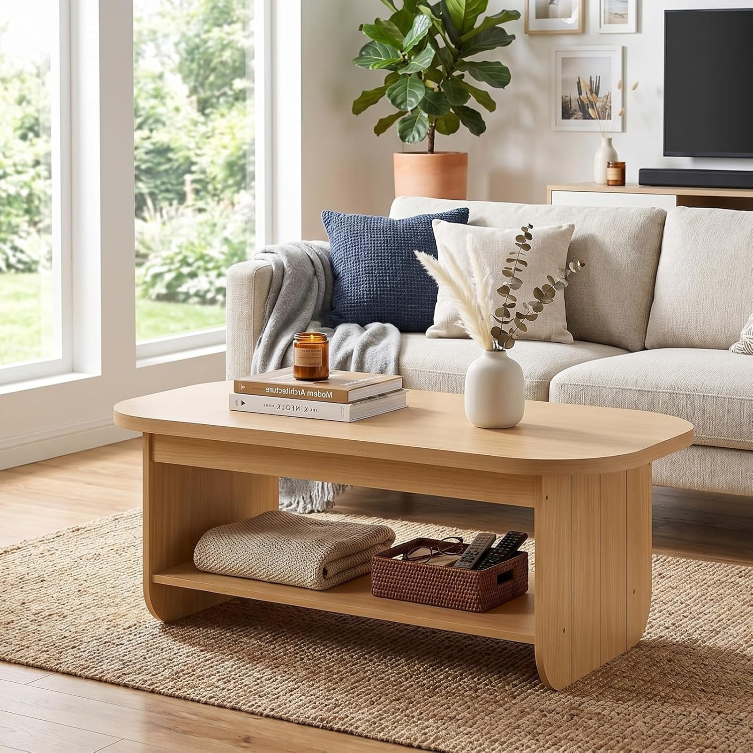 image:imageGiantex Oval Coffee Table 47 Mid Century Modern Center Table with Storage Shelf amp Round Corner 2Tier Accent Cocktail Tea Table Wood Coffee Table for Living Room Small Spaces EspressoNatural