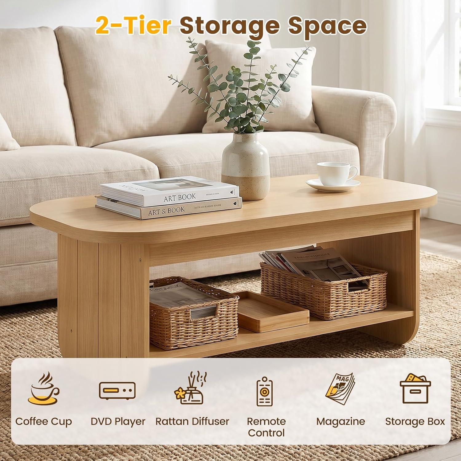 image:imageGiantex Oval Coffee Table 47 Mid Century Modern Center Table with Storage Shelf amp Round Corner 2Tier Accent Cocktail Tea Table Wood Coffee Table for Living Room Small Spaces EspressoNatural