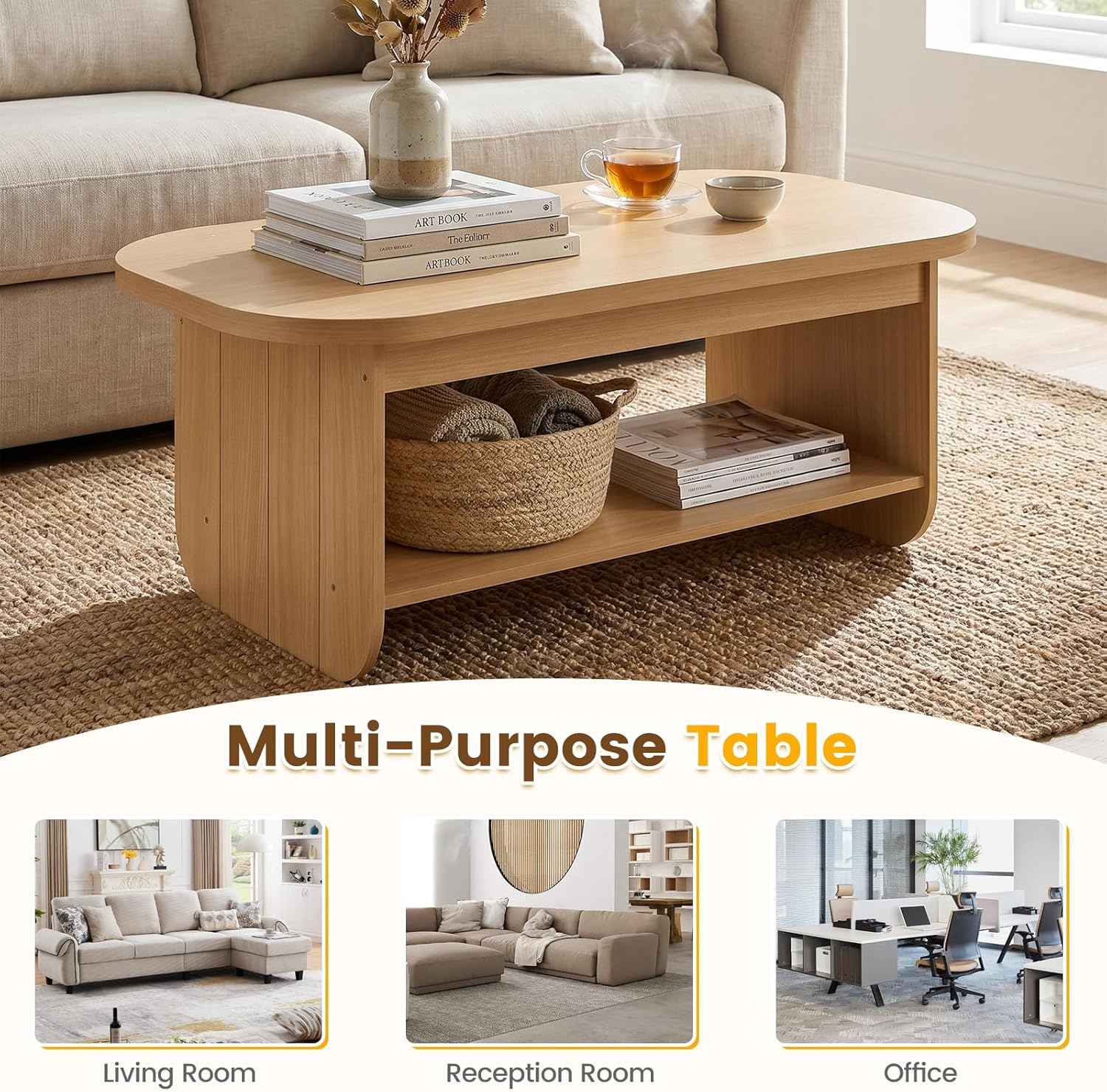 image:imageGiantex Oval Coffee Table 47 Mid Century Modern Center Table with Storage Shelf amp Round Corner 2Tier Accent Cocktail Tea Table Wood Coffee Table for Living Room Small Spaces EspressoNatural