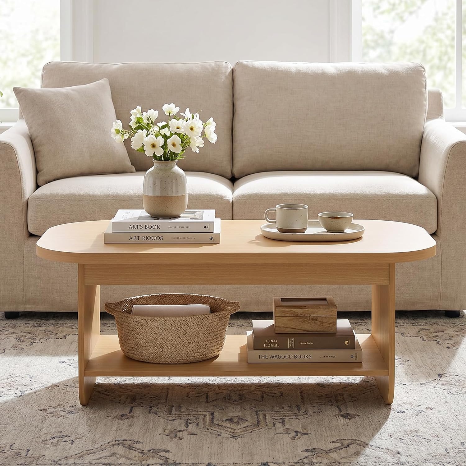 image:imageGiantex Oval Coffee Table 47 Mid Century Modern Center Table with Storage Shelf amp Round Corner 2Tier Accent Cocktail Tea Table Wood Coffee Table for Living Room Small Spaces EspressoNatural