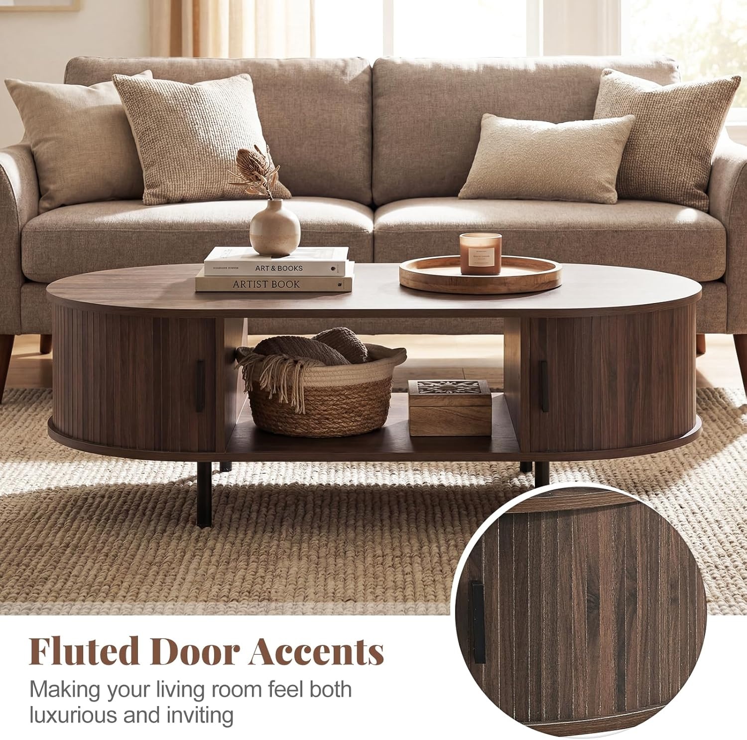 image:imageGiantex Oval Coffee Table 475 Mid Century Modern Center Table with Sliding Tambour Doors Hidden Storage amp Open Compartment Fluted Wood Living Room Tables for Small Space WalnutWalnut