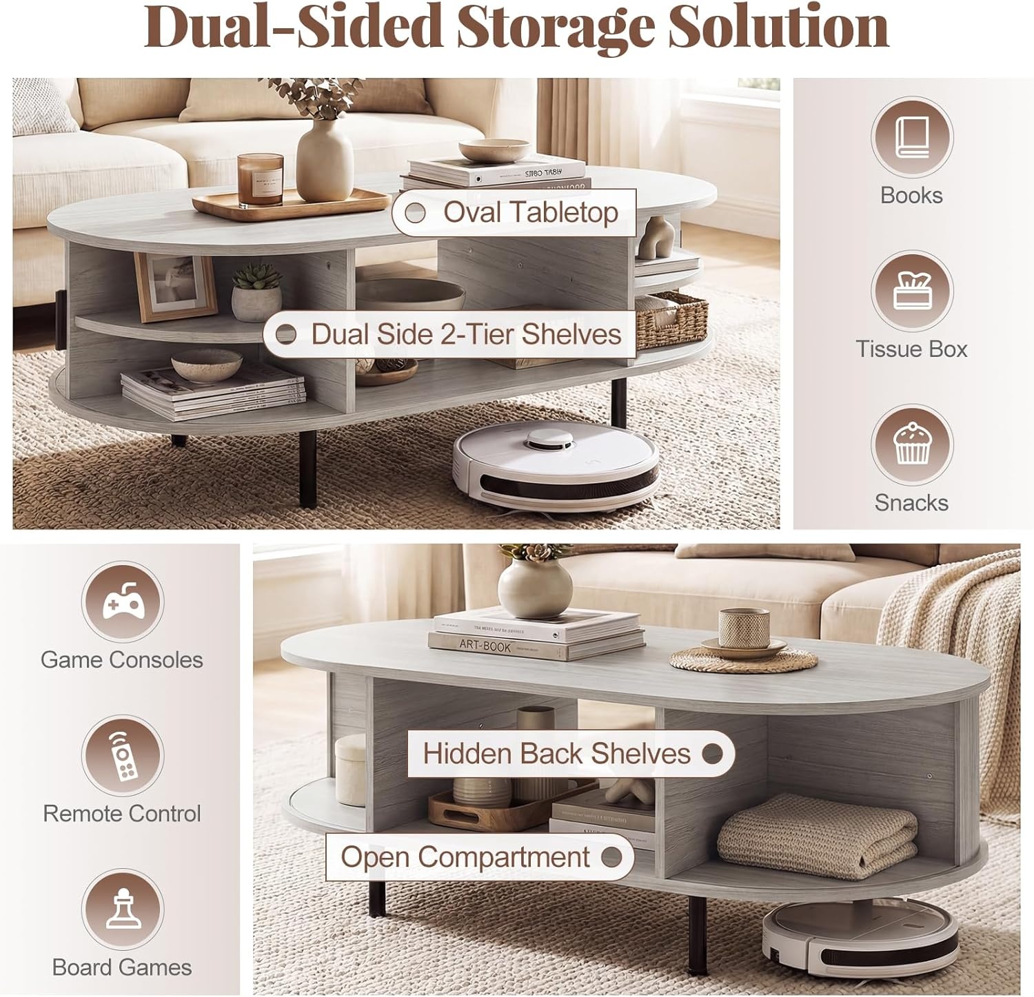image:imageGiantex Oval Coffee Table 475 Mid Century Modern Center Table with Sliding Tambour Doors Hidden Storage amp Open Compartment Fluted Wood Living Room Tables for Small Space WalnutLight Grey Oak