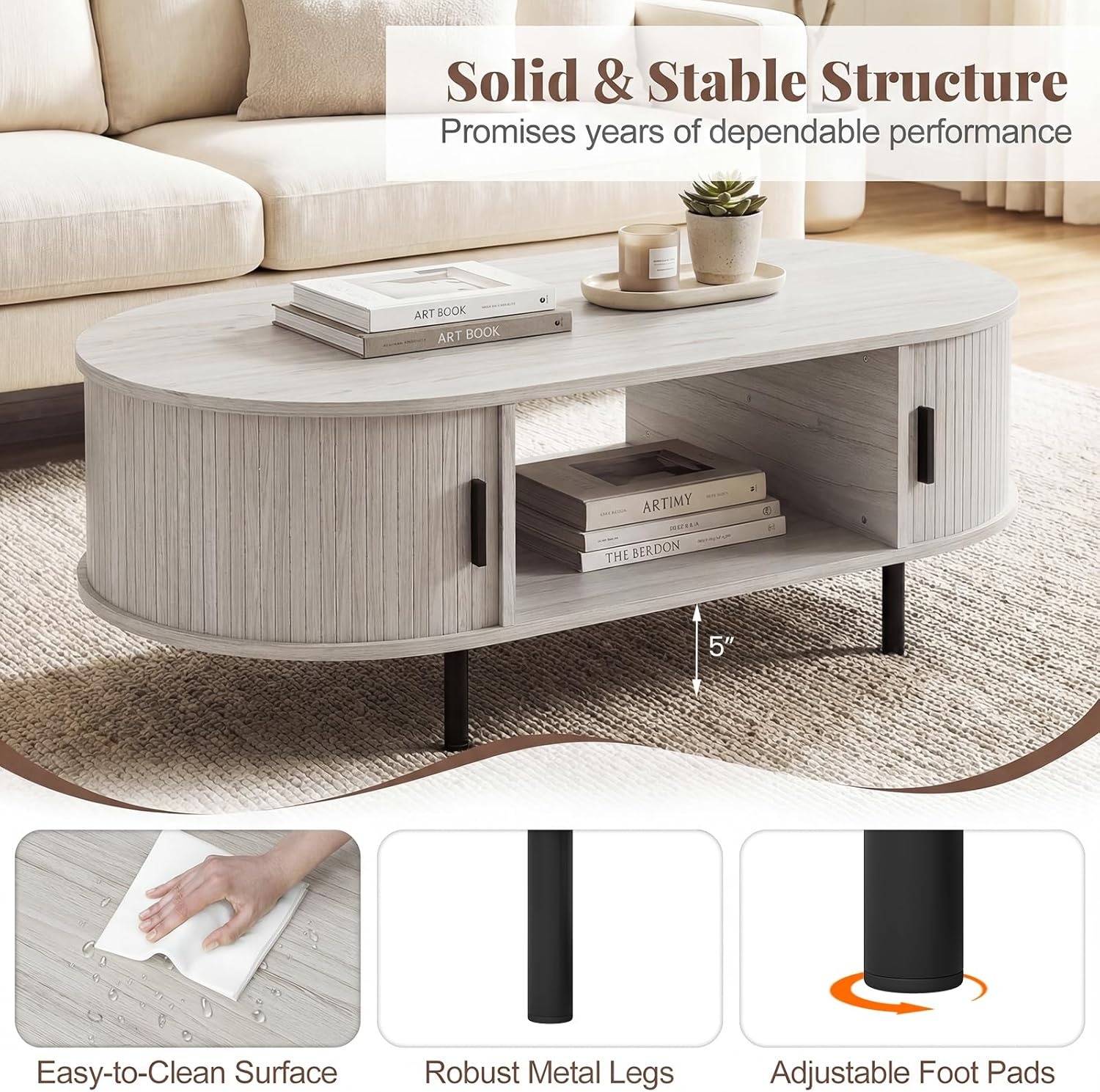 image:imageGiantex Oval Coffee Table 475 Mid Century Modern Center Table with Sliding Tambour Doors Hidden Storage amp Open Compartment Fluted Wood Living Room Tables for Small Space WalnutLight Grey Oak
