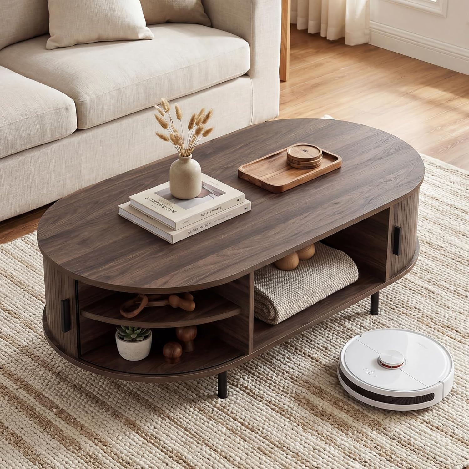image:imageGiantex Oval Coffee Table 475 Mid Century Modern Center Table with Sliding Tambour Doors Hidden Storage amp Open Compartment Fluted Wood Living Room Tables for Small Space WalnutWalnut
