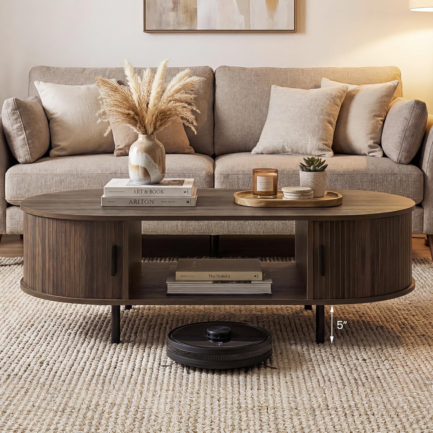 image:imageGiantex Oval Coffee Table 475 Mid Century Modern Center Table with Sliding Tambour Doors Hidden Storage amp Open Compartment Fluted Wood Living Room Tables for Small Space WalnutWalnut
