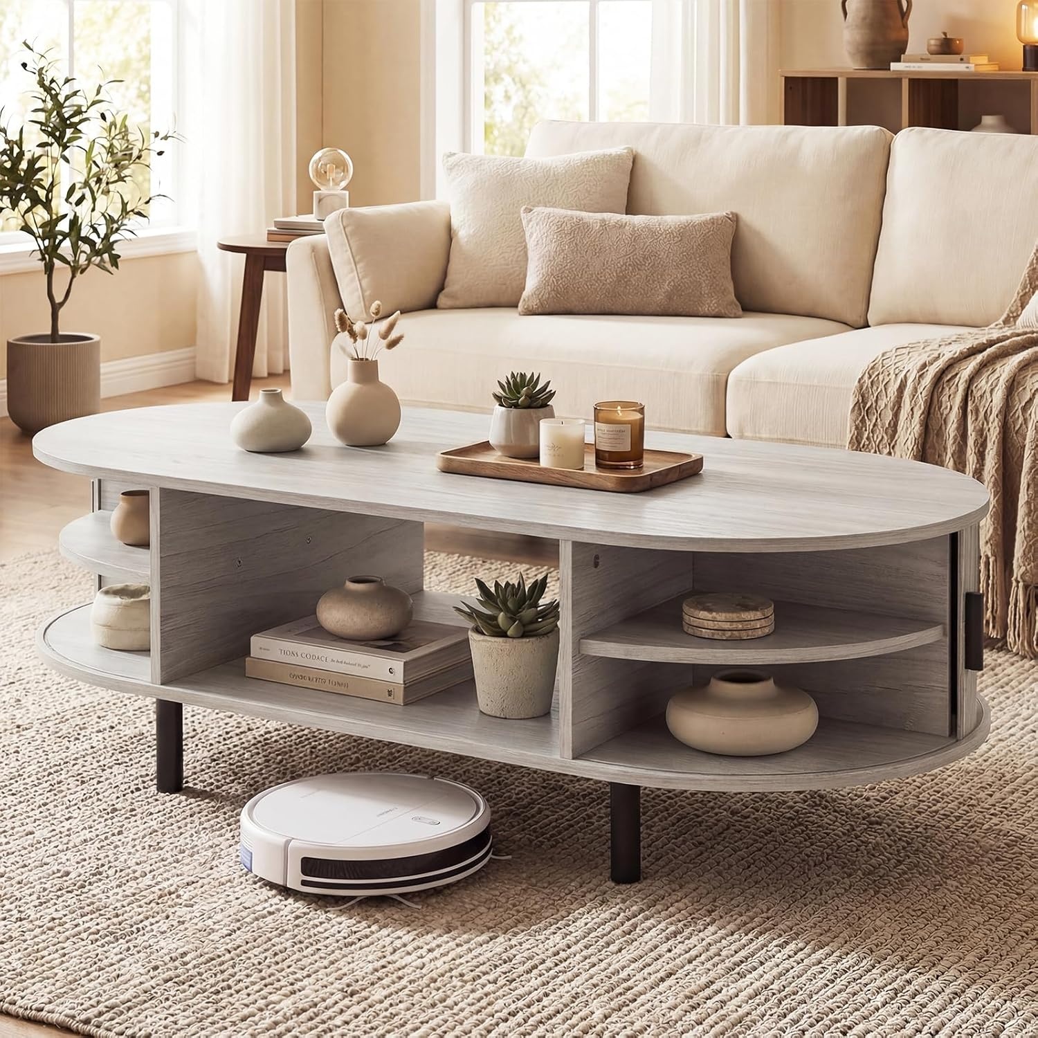 image:imageGiantex Oval Coffee Table 475 Mid Century Modern Center Table with Sliding Tambour Doors Hidden Storage amp Open Compartment Fluted Wood Living Room Tables for Small Space WalnutLight Grey Oak