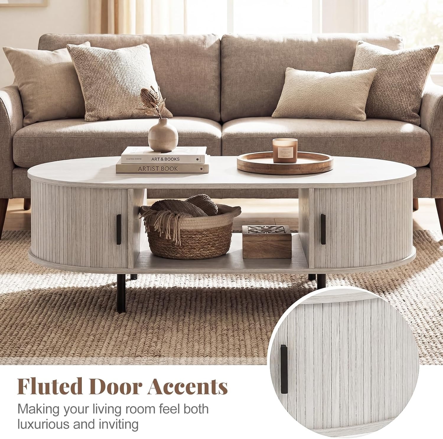image:imageGiantex Oval Coffee Table 475 Mid Century Modern Center Table with Sliding Tambour Doors Hidden Storage amp Open Compartment Fluted Wood Living Room Tables for Small Space WalnutLight Grey Oak