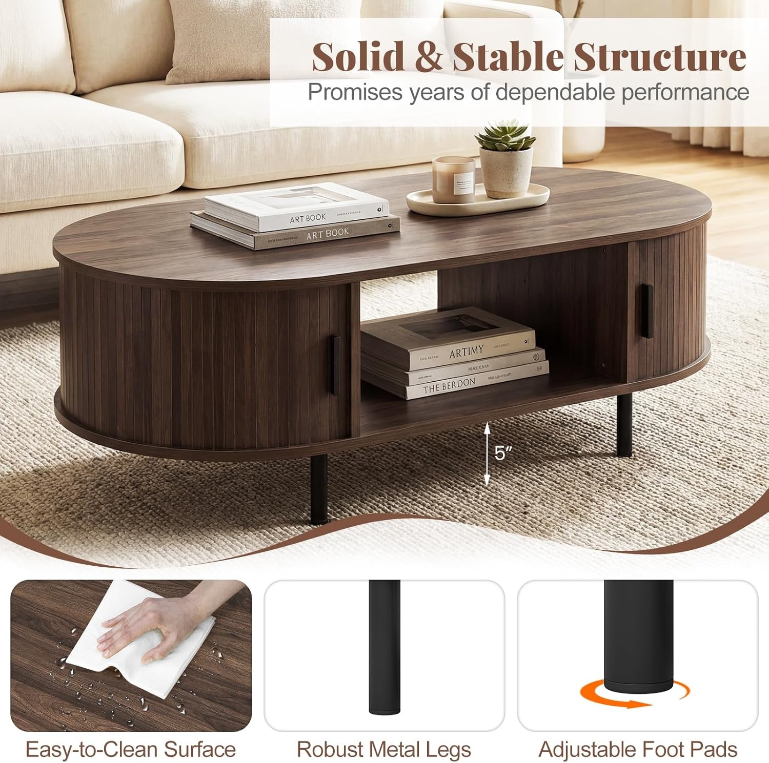 image:imageGiantex Oval Coffee Table 475 Mid Century Modern Center Table with Sliding Tambour Doors Hidden Storage amp Open Compartment Fluted Wood Living Room Tables for Small Space WalnutWalnut