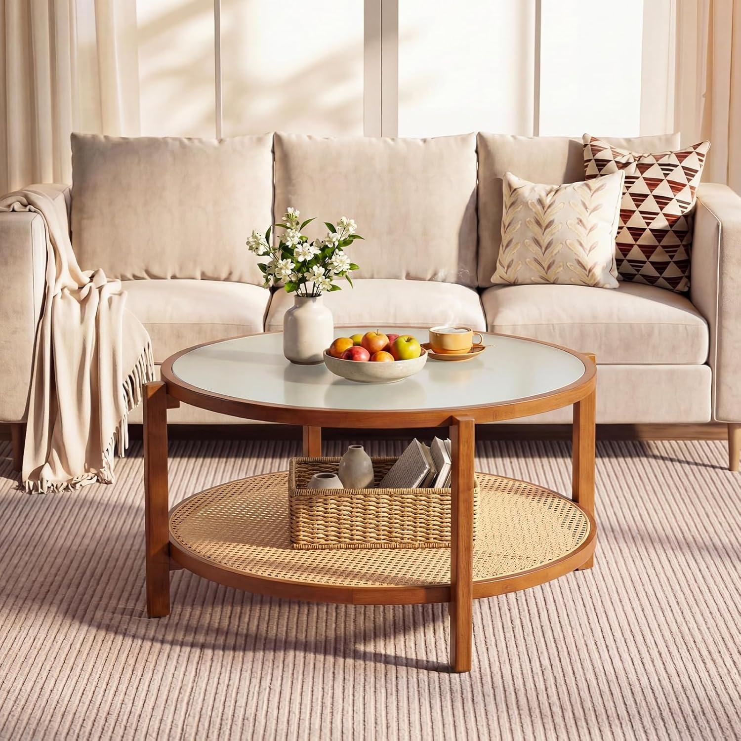 image:imageGiantex Rattan Coffee Table 415 Farmhouse Center Table with Storage amp Frosted Tempered Glass Wood Boho Accent Cocktail Tea Table Modern Living Room Table for Small Spaces WalnutWalnut
