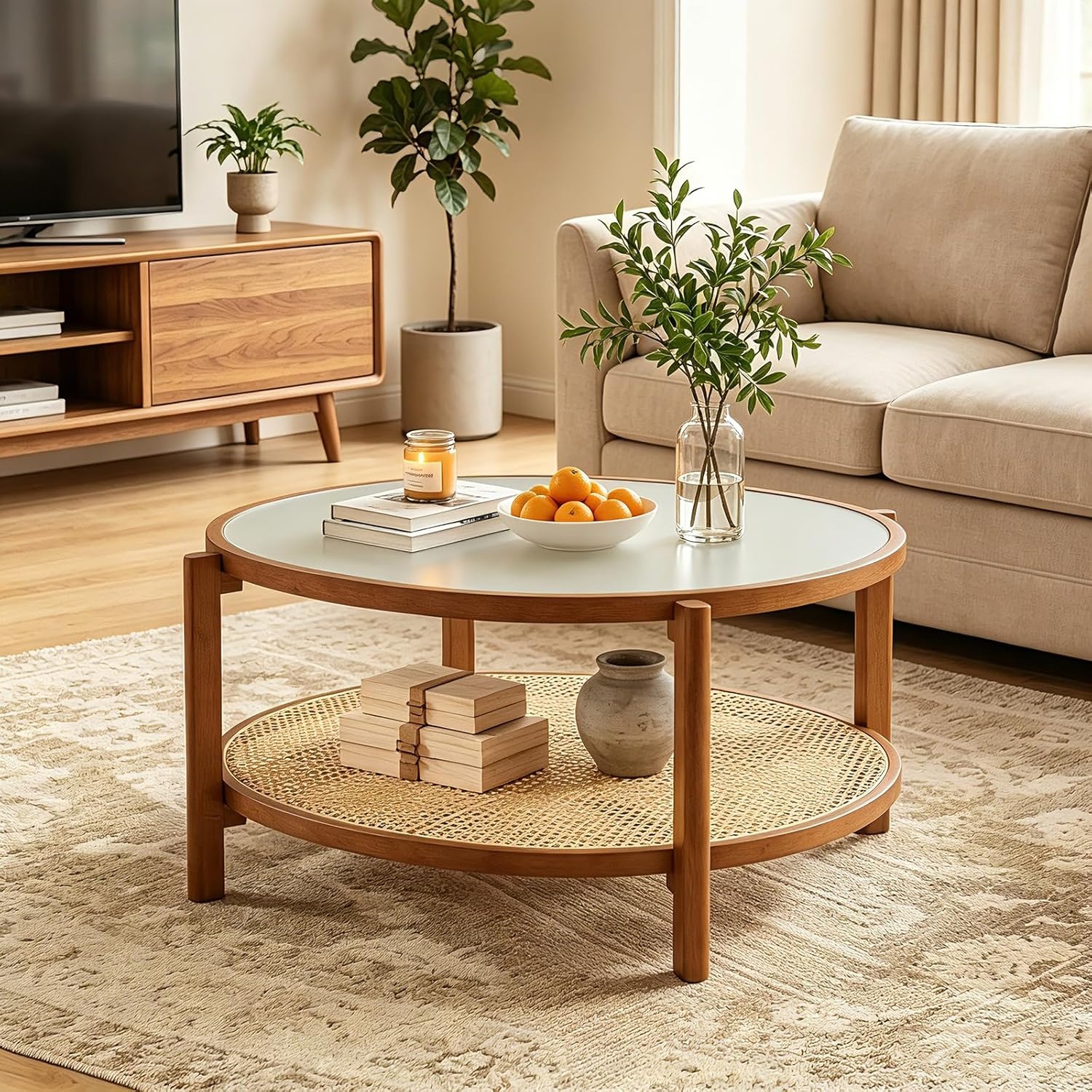image:imageGiantex Rattan Coffee Table 415 Farmhouse Center Table with Storage amp Frosted Tempered Glass Wood Boho Accent Cocktail Tea Table Modern Living Room Table for Small Spaces WalnutWalnut
