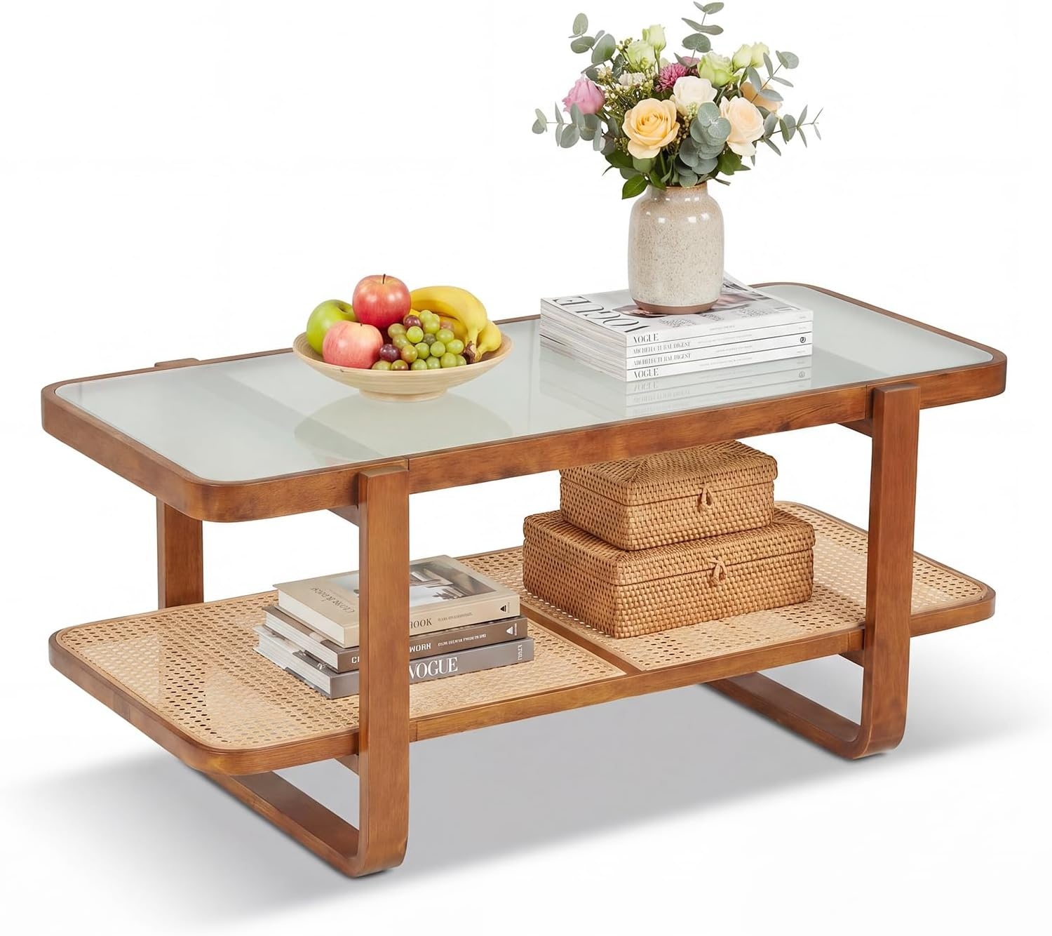 image:imageGiantex Rattan Coffee Table 415 Farmhouse Center Table with Storage amp Frosted Tempered Glass Wood Boho Accent Cocktail Tea Table Modern Living Room Table for Small Spaces WalnutWalnut