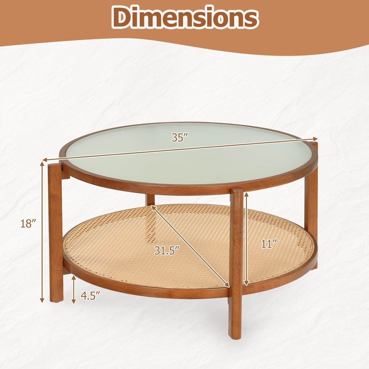 image:imageGiantex Rattan Coffee Table 415 Farmhouse Center Table with Storage amp Frosted Tempered Glass Wood Boho Accent Cocktail Tea Table Modern Living Room Table for Small Spaces WalnutWalnut