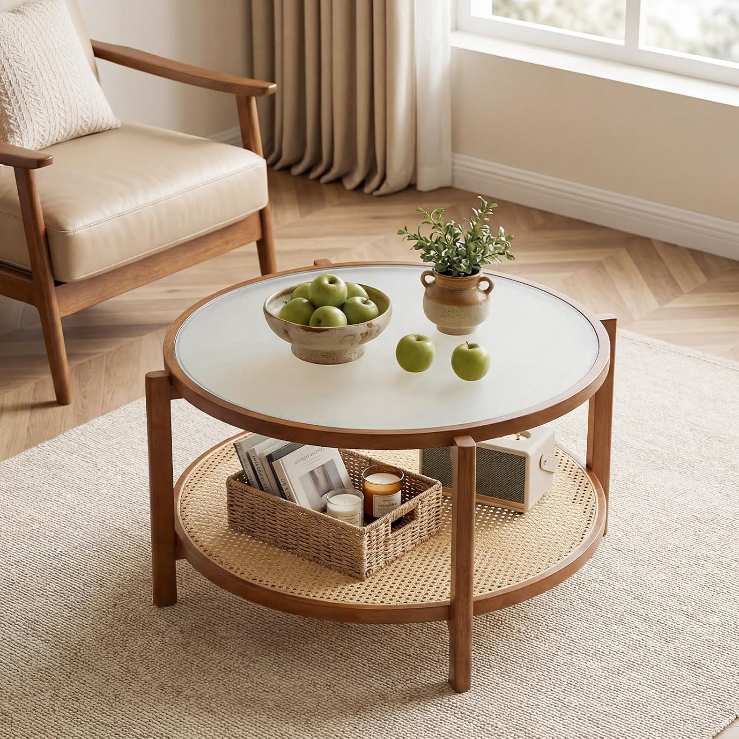 image:imageGiantex Rattan Coffee Table 415 Farmhouse Center Table with Storage amp Frosted Tempered Glass Wood Boho Accent Cocktail Tea Table Modern Living Room Table for Small Spaces WalnutWalnut