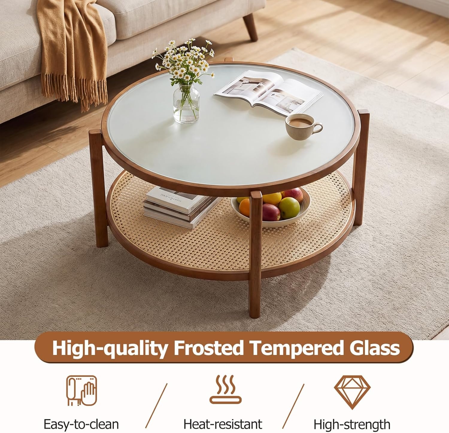 image:imageGiantex Rattan Coffee Table 415 Farmhouse Center Table with Storage amp Frosted Tempered Glass Wood Boho Accent Cocktail Tea Table Modern Living Room Table for Small Spaces WalnutWalnut