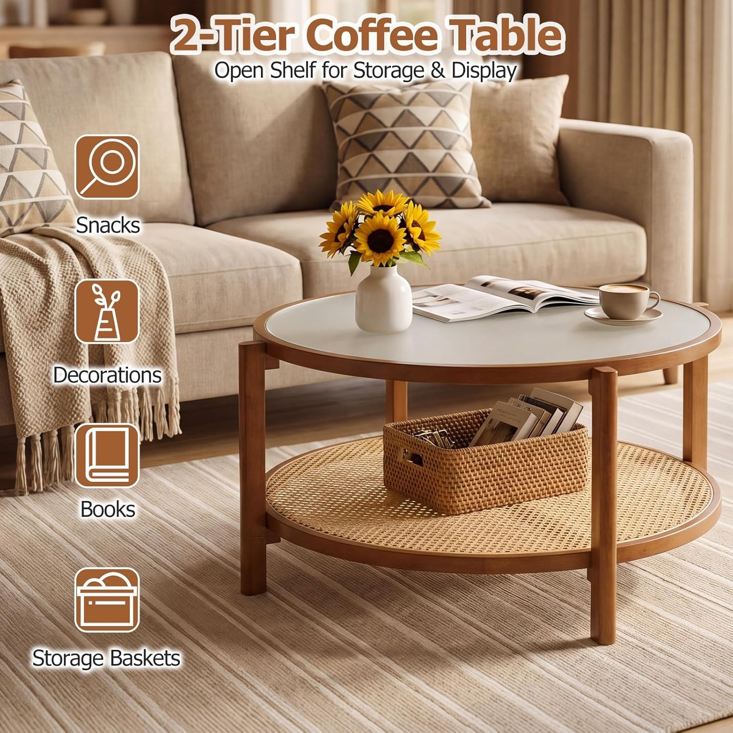 image:imageGiantex Rattan Coffee Table 415 Farmhouse Center Table with Storage amp Frosted Tempered Glass Wood Boho Accent Cocktail Tea Table Modern Living Room Table for Small Spaces WalnutWalnut