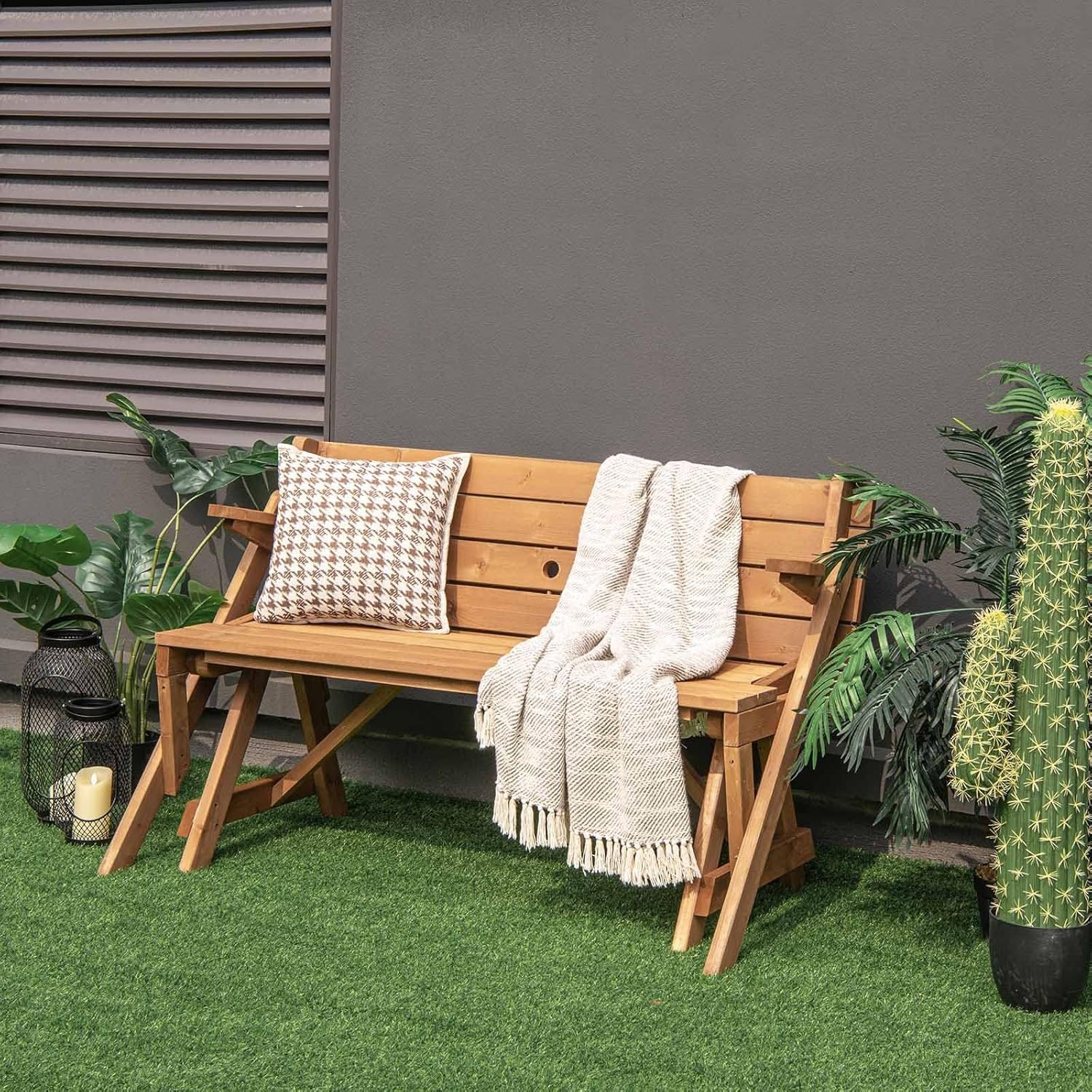 image:imageGiantex Wooden Picnic Table Set 2 in1 Folding Picnic Bench Set Transforming Interchangeable Outdoor Patio Dining Table with Builtin Umbrella Hole Convertible Picnic Table and Garden Bench