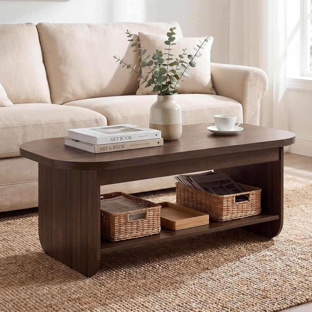 image:imageGiantex Oval Coffee Table 47 Mid Century Modern Center Table with Storage Shelf amp Round Corner 2Tier Accent Cocktail Tea Table Wood Coffee Table for Living Room Small Spaces EspressoEspresso