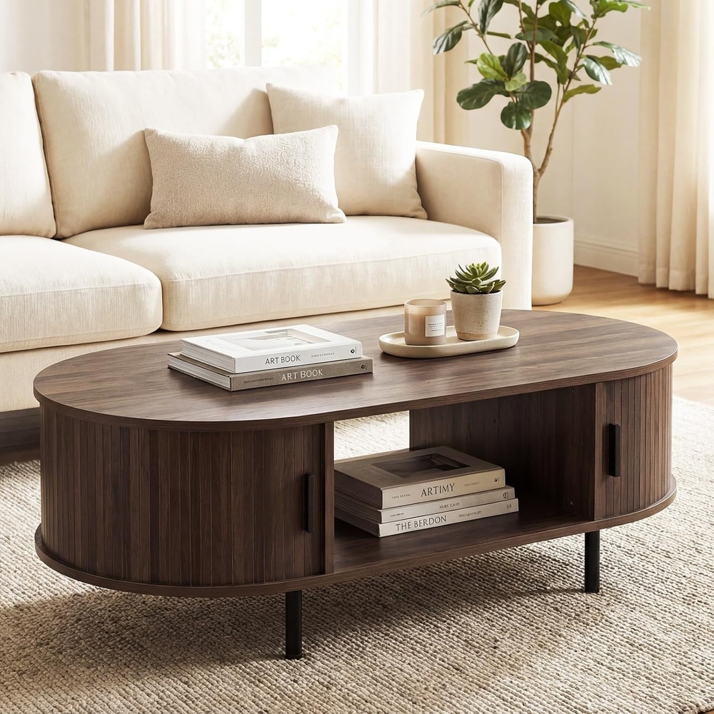 image:imageGiantex Oval Coffee Table 475 Mid Century Modern Center Table with Sliding Tambour Doors Hidden Storage amp Open Compartment Fluted Wood Living Room Tables for Small Space WalnutWalnut
