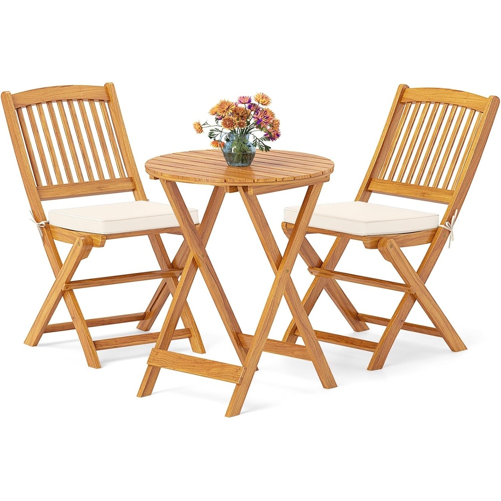 image:imageGiantex Patio Bistro Set 3 Pieces Outdoor Acacia Wood Folding Table amp Chairs Set with 2 Padded Cushions Patio Conversation Furniture Set for Backyard Garden Balcony Poolside Natural amp BeigeNatural Beige