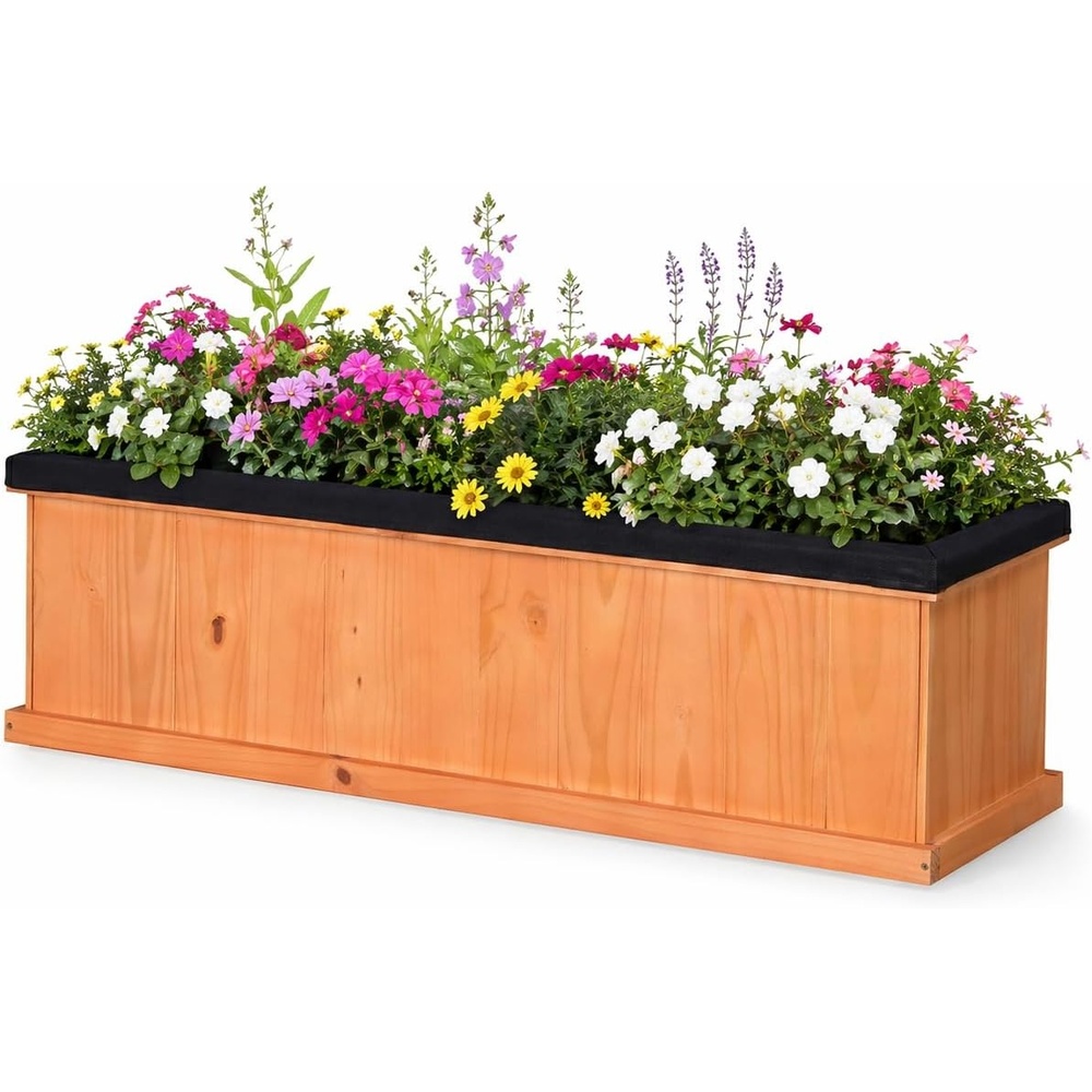 image:imageGiantex Raised Garden Bed with 3 Drainage Holes 44x10x12 Wooden Elevated Planter Box wRemovable Bottom amp Bed Liner Elevated Flower Bed Rectangular Plant Container for Vegetables Herbs amp Fruits