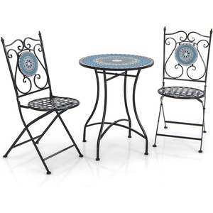 Giantex Bistro Table and Chairs Set of 2, 3 Pieces Mosaic Patio Table with Folding Chairs, Steel Frame, Outdoor Round Patio Furniture Set, Portable for Porch Balcony Garden(Multicolor (Floral Pattern))