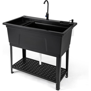Giantex Freestanding Utility Sink with Faucet & Drain Kit, 14.5 Gal Laundry Tub with Soap Dispenser, Drying Rack & Storage Shelf, Portable Wash Station for Laundry Room, Garage, Basement, Outdoor(Black)
