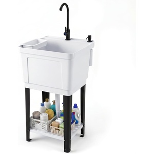 Giantex Freestanding Utility Sink with Faucet & Drain Kit, 14.5 Gal Laundry Tub with Soap Dispenser, Drying Rack & Storage Shelf, Portable Wash Station for Laundry Room, Garage, Basement, Outdoor(White)