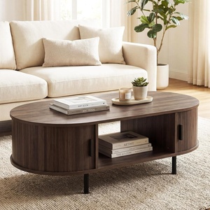 Giantex Oval Coffee Table, 47.5″ Mid Century Modern Center Table with Sliding Tambour Doors, Hidden Storage & Open Compartment, Fluted Wood Living Room Tables for Small Space (Walnut)(Walnut)