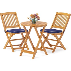 Giantex Patio Bistro Set 3 Pieces, Outdoor Acacia Wood Folding Table & Chairs Set with 2 Padded Cushions, Patio Conversation Furniture Set for Backyard, Garden, Balcony, Poolside (Natural & Beige)(Natural & Navy)