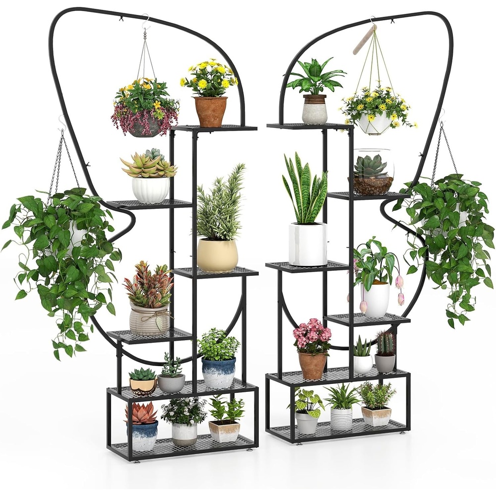 image:imageGiantex 2 Pack 6Tier Plant Stand Indoor ButterflyShaped Metal 73 Tall Ladder Plant Shelf w 4 Hanging Hooks Outdoor Flowerpot Display Rack for Multiple Plants Living Room Balcony Patio Garden22 x 105 x 73