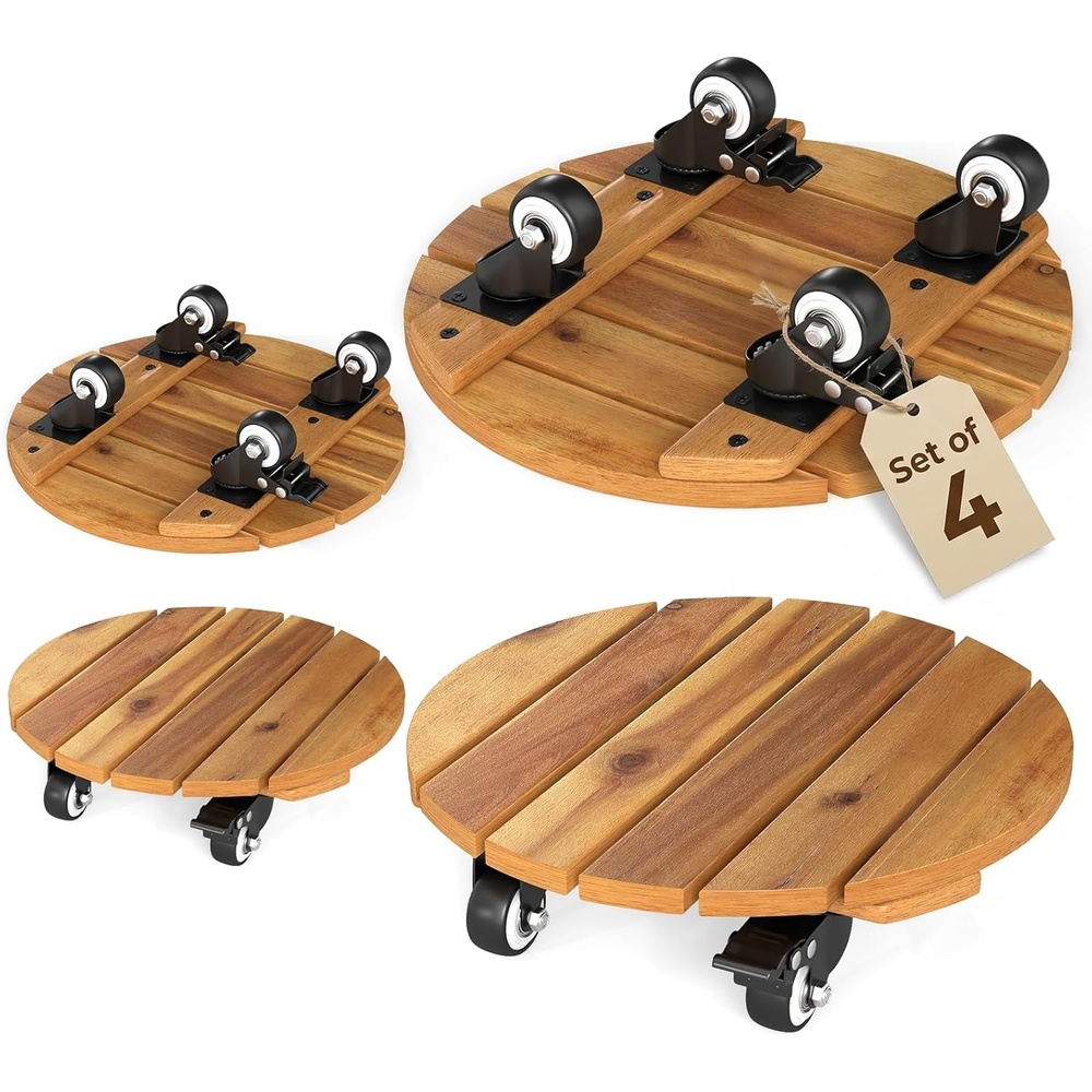 image:imageGiantex 2 Pcs Plant Caddy with Wheels Heavy Duty Acacia Wooden Rolling Plant Stand with 360 Lockable Casters 12 Plant Dolly Rollers Base for Indoor Outdoor Large Pots Patio Flower Pot Holder4