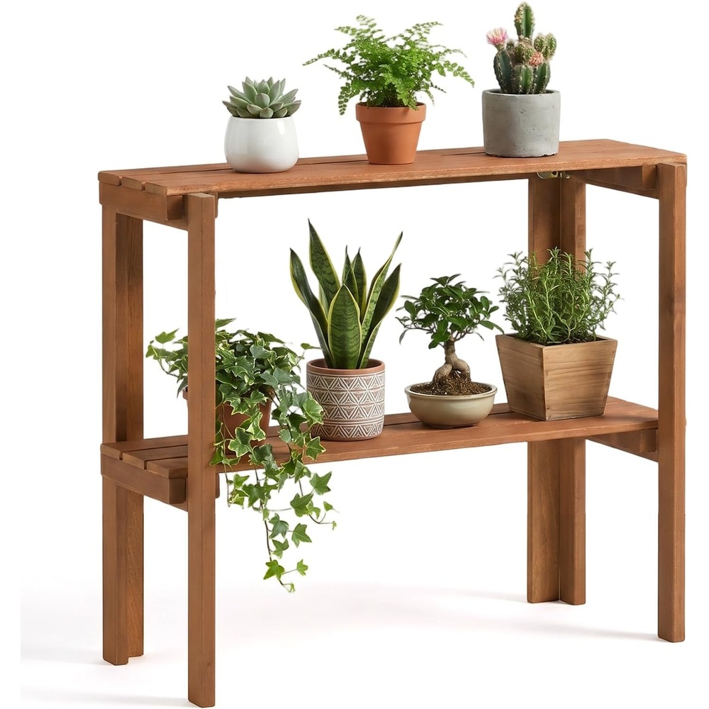 image:imageGiantex Foldable Plant Shelf 2Tier Solid Wood Indoor Outdoor Flower Pot Display Rack Corner Storage Bookshelf Freestanding Tiered Plant Stand for Garden Patio Balcony No Assembly2Tier