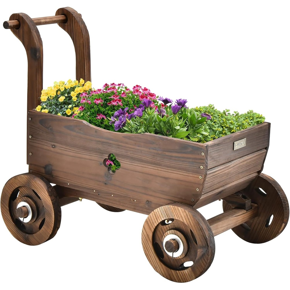 image:imageGiantex Wooden Wagon Planter Raised Bed on Wheels Handle Drainage Hole Decorative Wagon Cart Rustic Flowerpot Planter Mobile Plant Pot Stand Indoor amp Outdoor Patio Garden Balcony
