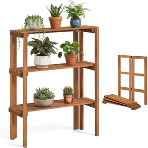 Giantex Foldable Plant Shelf, 2-Tier Solid Wood Indoor Outdoor Flower Pot Display Rack, Corner Storage Bookshelf, Freestanding Tiered Plant Stand for Garden Patio Balcony, No Assembly(3-Tier)